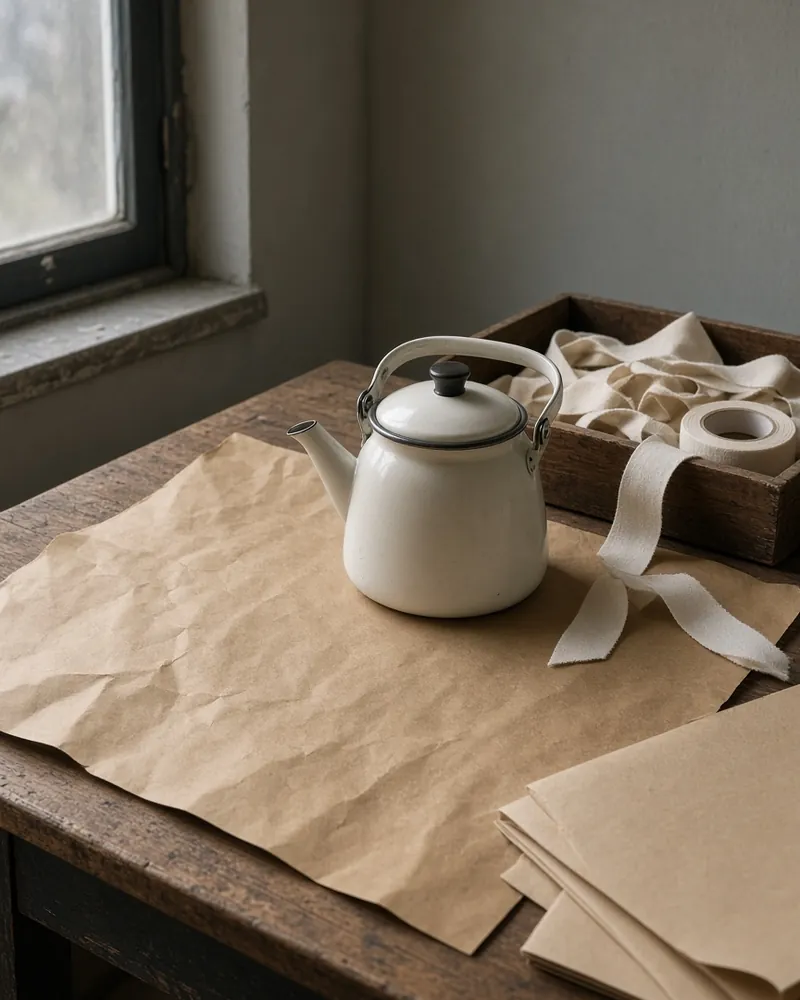 A packing bench with plain kraft paper and a kettle, no person in the frame.