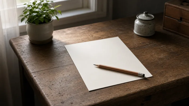 A quiet desk with blank paper and a pencil, in north window light.