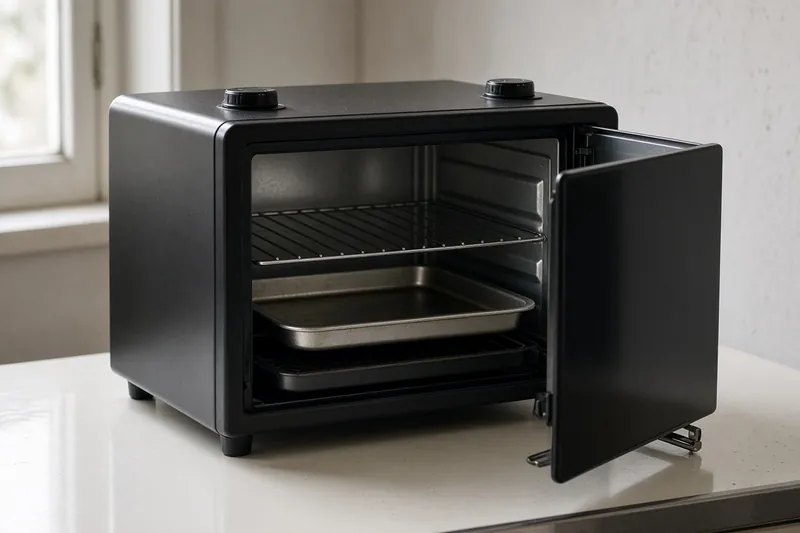 A counter oven with the door opened a little, showing the swing on the counter.
