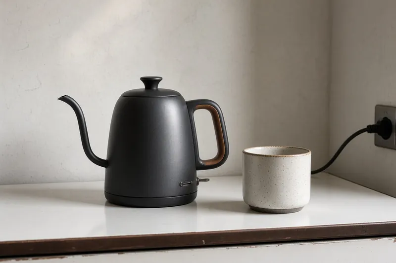 A kettle beside a cup on an enamel counter, with cord room at the wall.