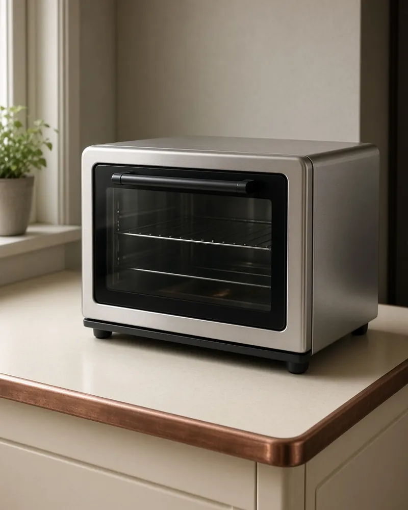 A compact counter oven with a door and a handle, on an enamel counter.