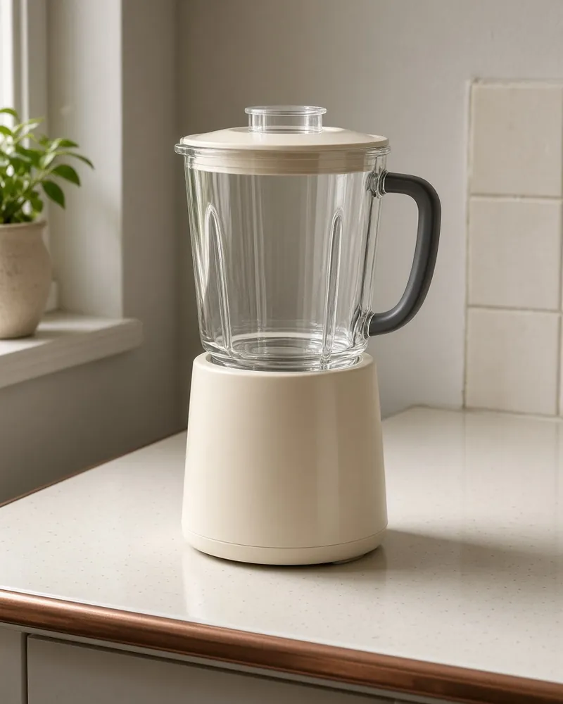 A plain blender jar with a handle and a lid, on an enamel counter.