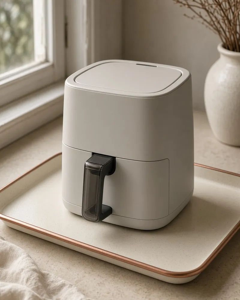 An air-crisp basket with a handle, sitting on an enamel counter.