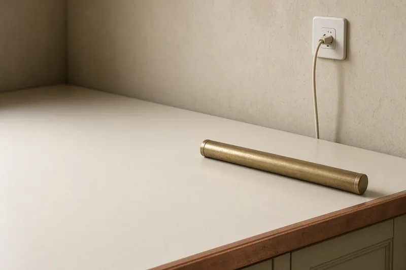 An empty enamel run, a plain cord to a wall outlet, and a blank brass rod as a measure.