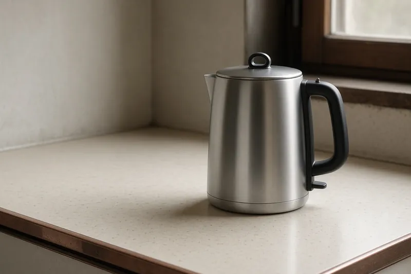 A plain kettle with a handle on an enamel counter, a copper edge, and north window light.